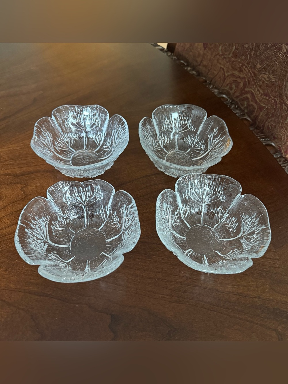4 VTG Lasisepat Mantsala Finnish Art Glass Cow Parsley 5" Round Dessert Bowls